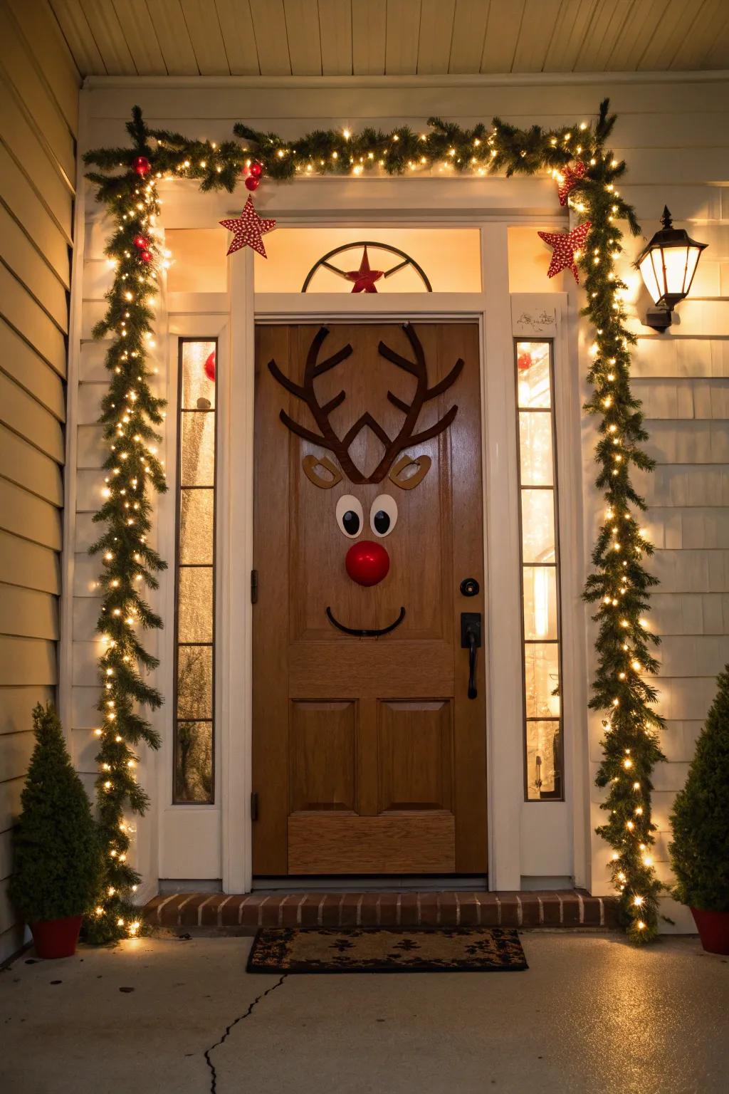 Rudolph's rack and crimson nose compose a spirited and welcoming Yuletide door embellishment.