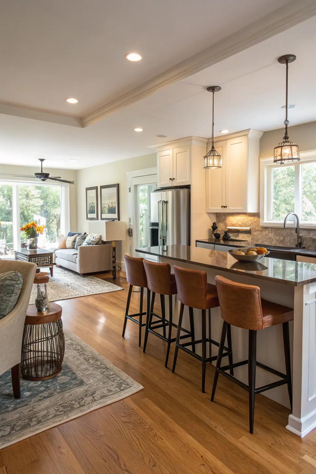 Furniture that works for more than one purpose blurs where the kitchen ends and the living area begins.