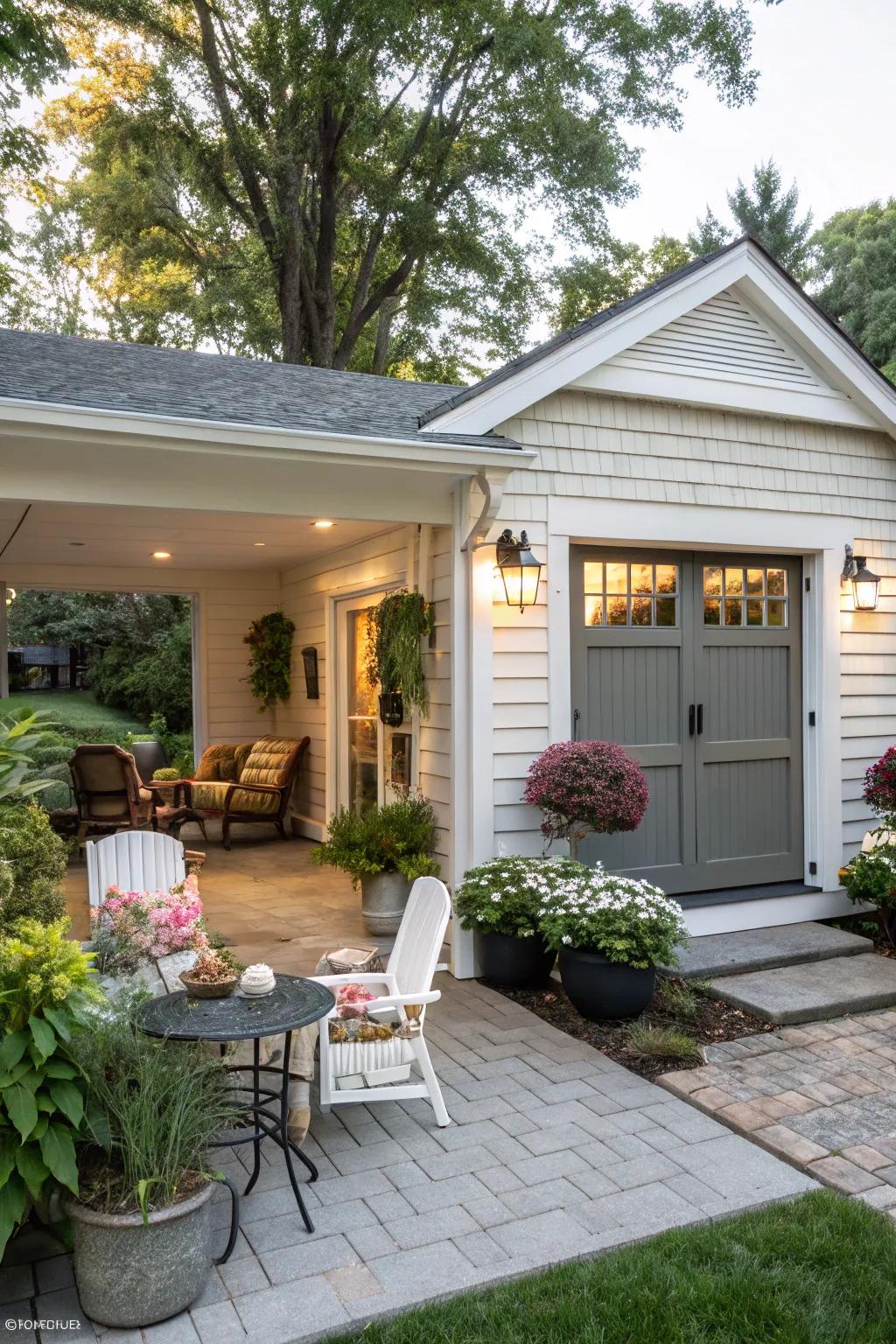 A delightful covered area enriches the warmth and practicality of the converted space.