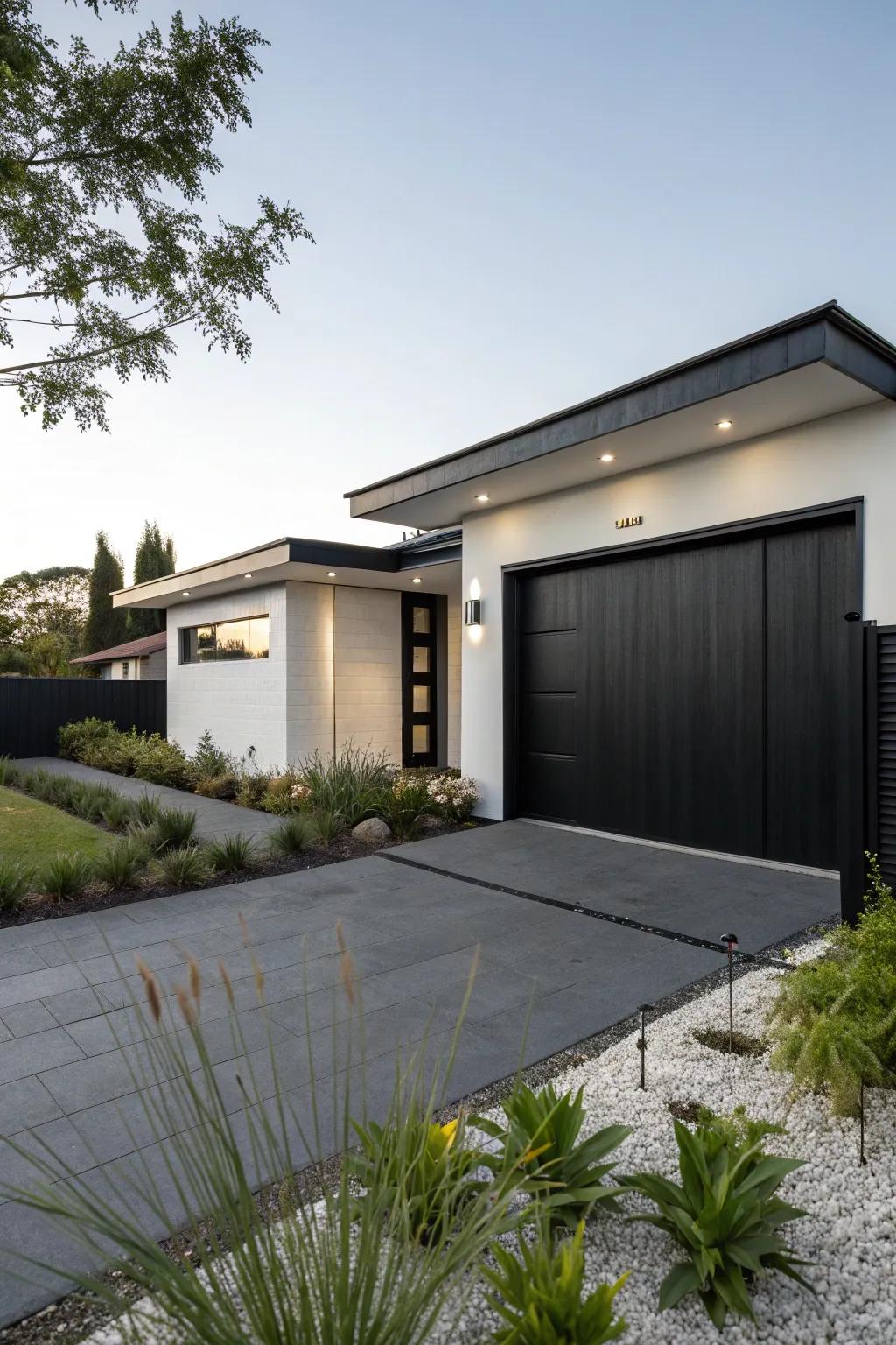 An ebony garage entry delivers sleek sophistication and modern charm.