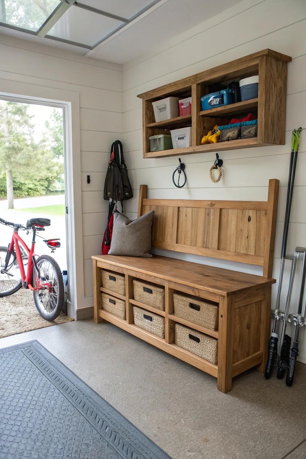 An inviting bench with storage is ideal for discreetly stowing away footwear.