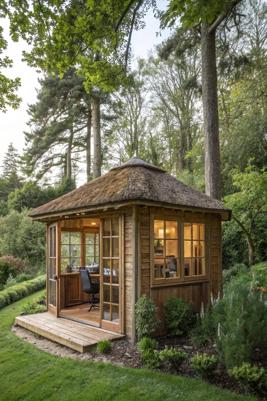 A comfortable wooden hideaway in the garden, mixing effortlessly with the natural backdrop.