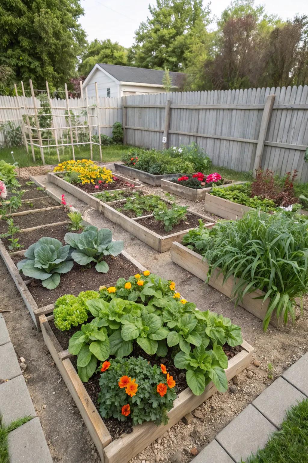 A square foot garden thriving with a diverse mix of greens.