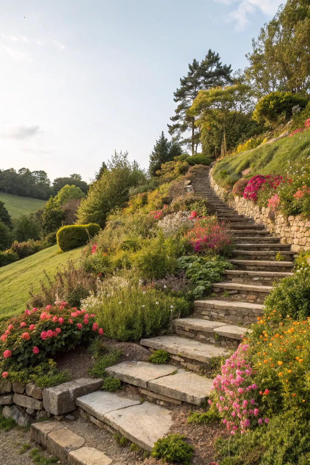 Ascents fluidly incorporated into a garden's incline for effortless navigation and visual allure.
