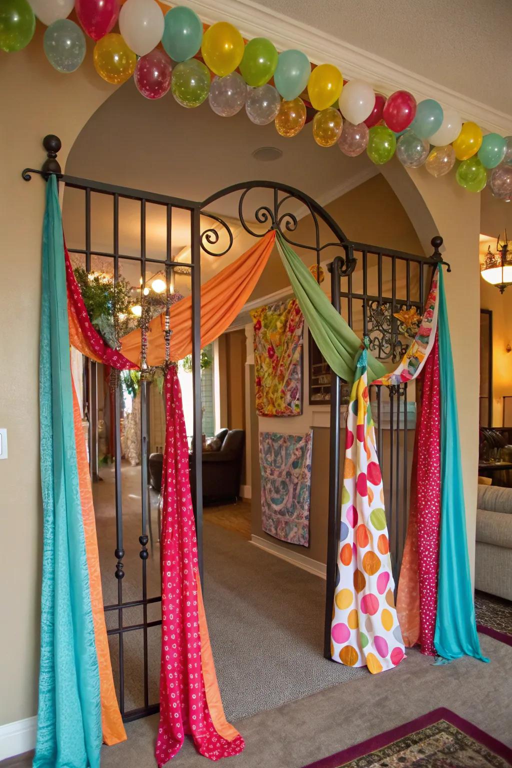 Elegant fabric swags adorning a gate.