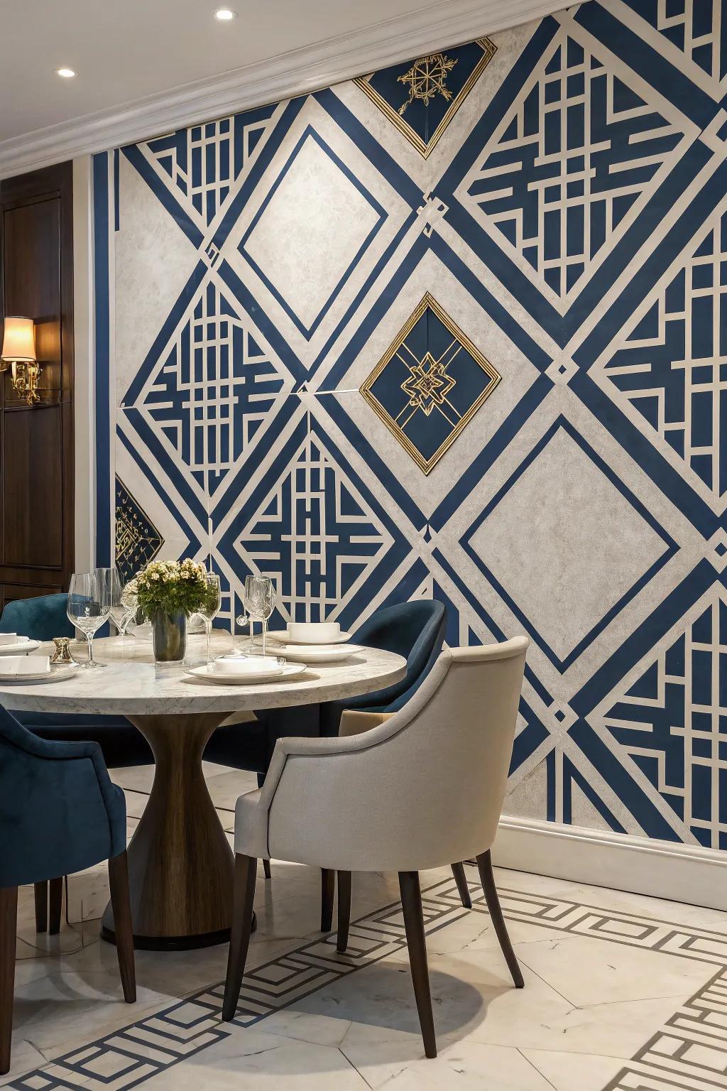 A dining room featuring bold diamond geometric patterns to create an eye-catching focal point.