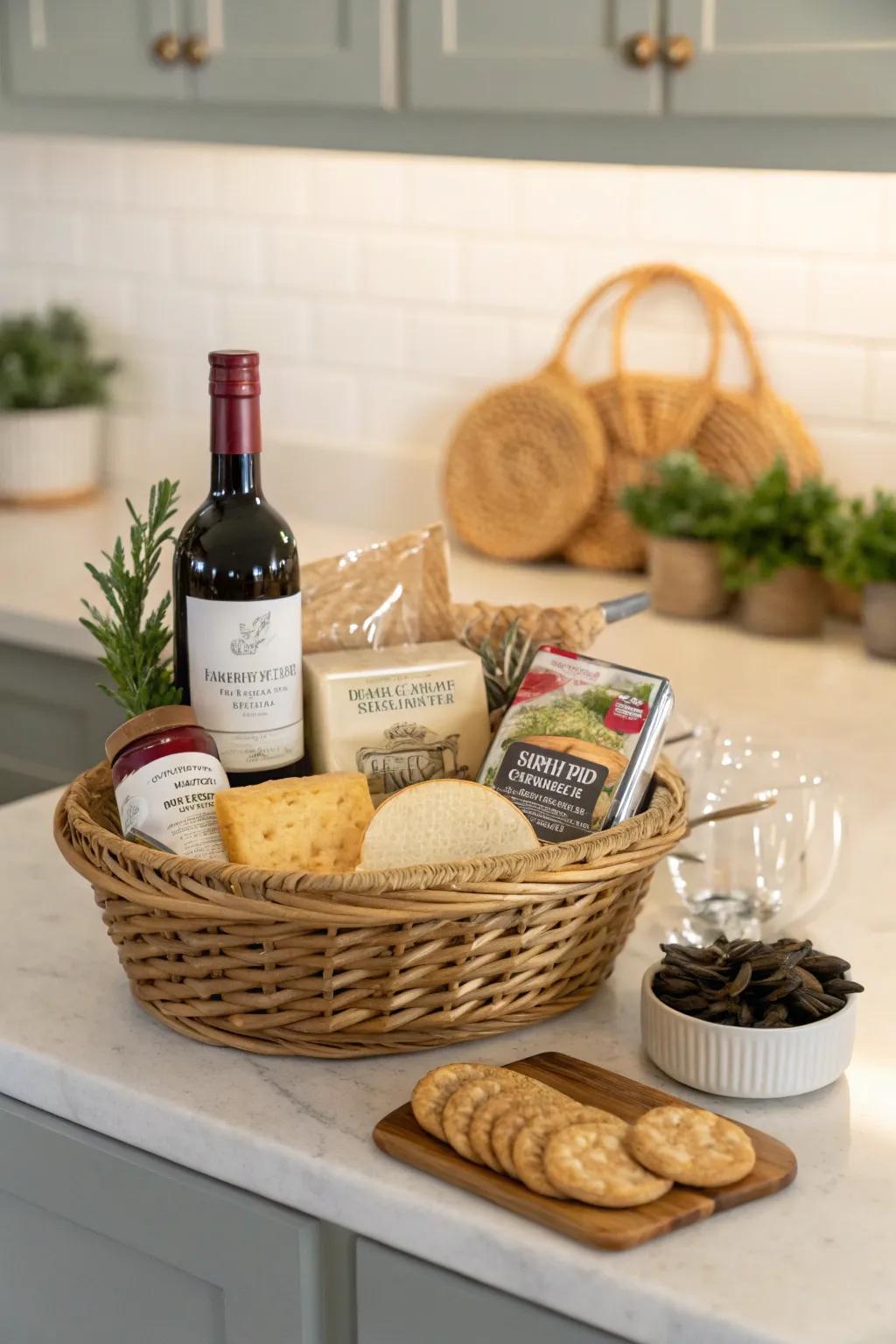 A gourmet-themed gift basket tailored for epicureans.