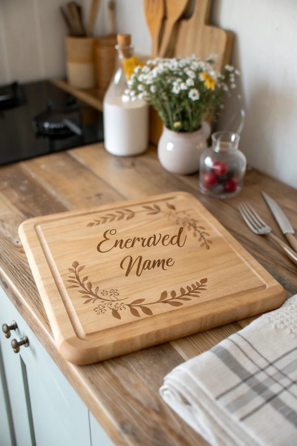 A wonderfully inscribed food preparation surface that provides a unique touch to meal preparation.
