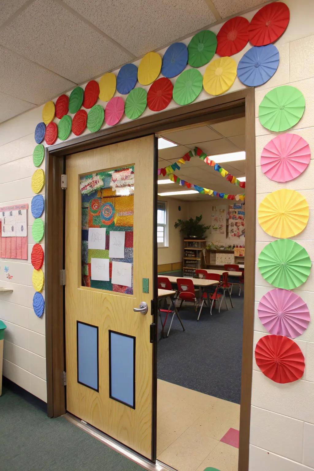 A lively sweetmeat-themed rooftop on a classroom doorway.