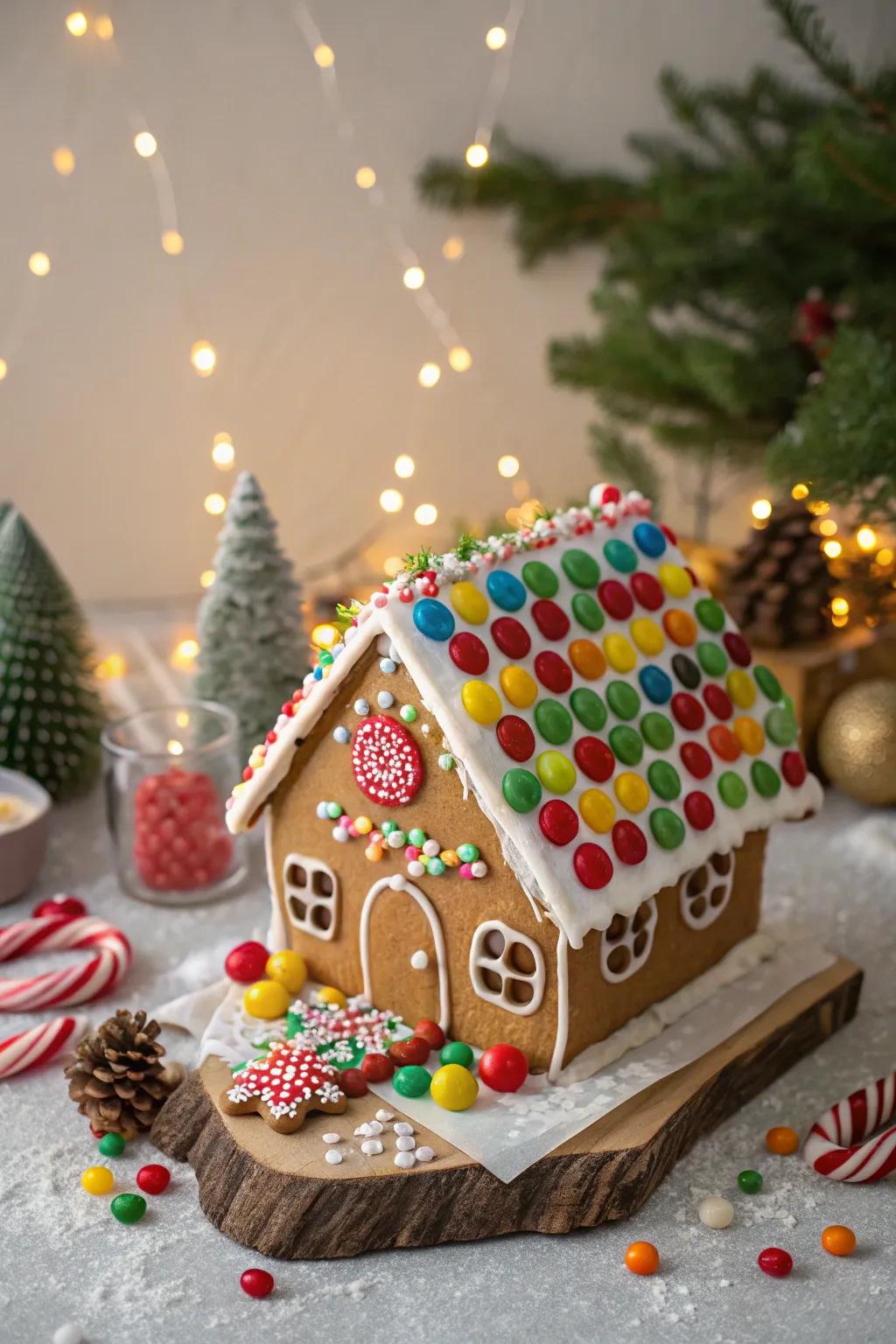 A dynamic gingerbread rooftop brimming with jelly dots.