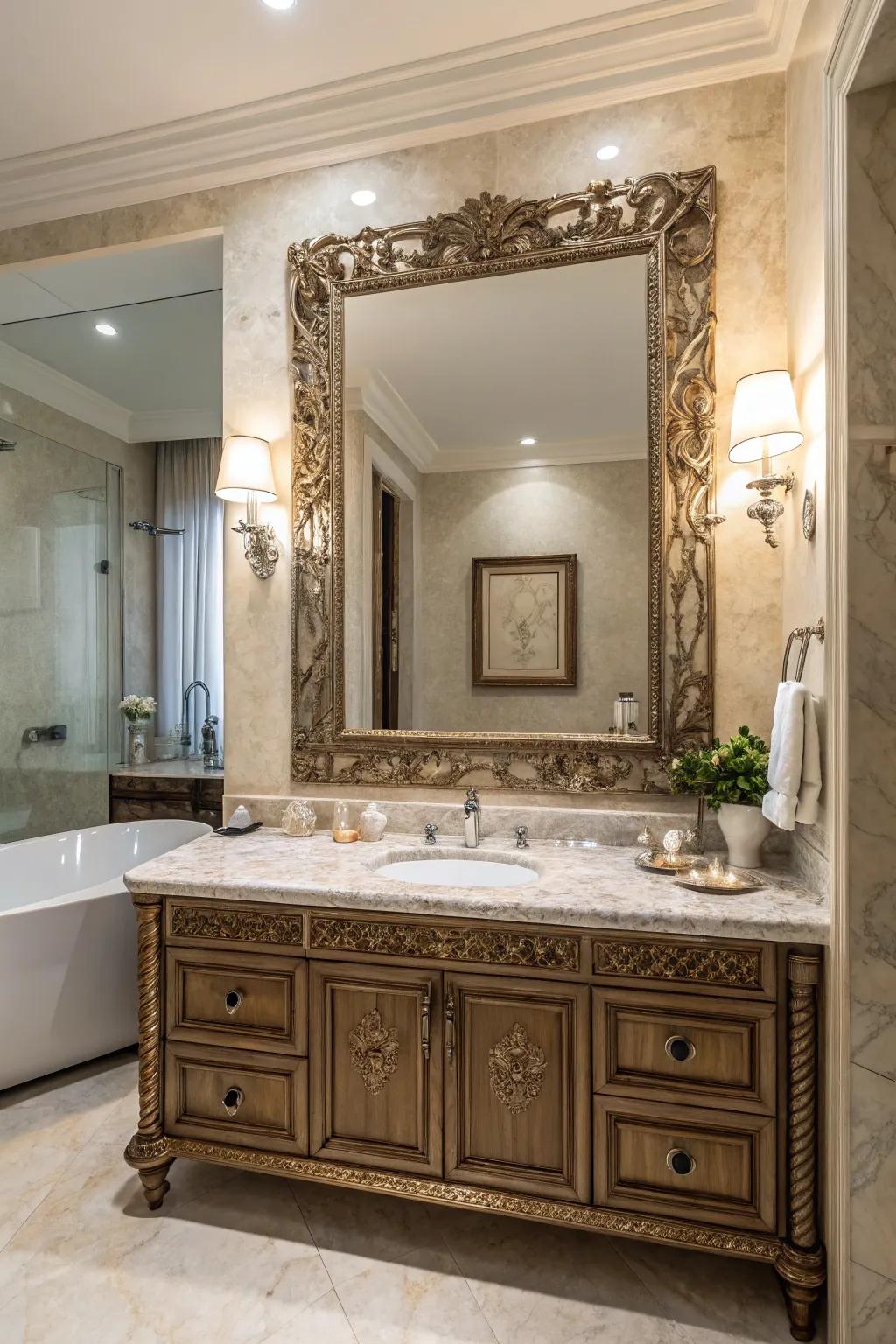 A luxurious bathroom features a grand ornate mirror above a marble countertop.