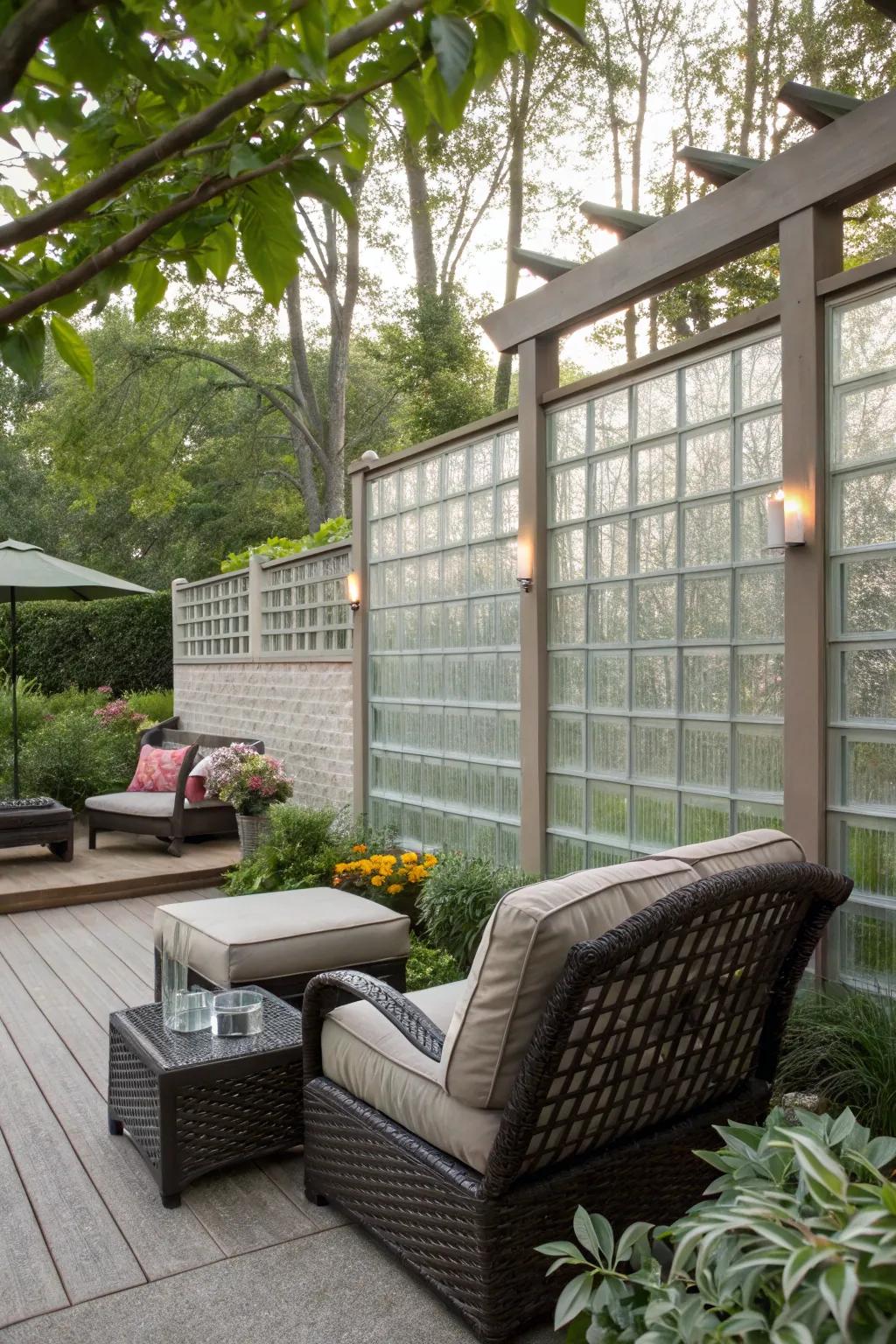 A fashionable outdoor setting showcasing a transparent cube seclusion wall.