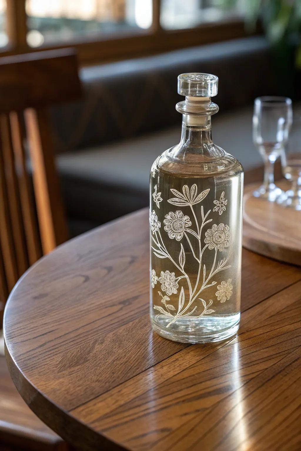 A carved glass bottle displaying detailed botanical artwork.