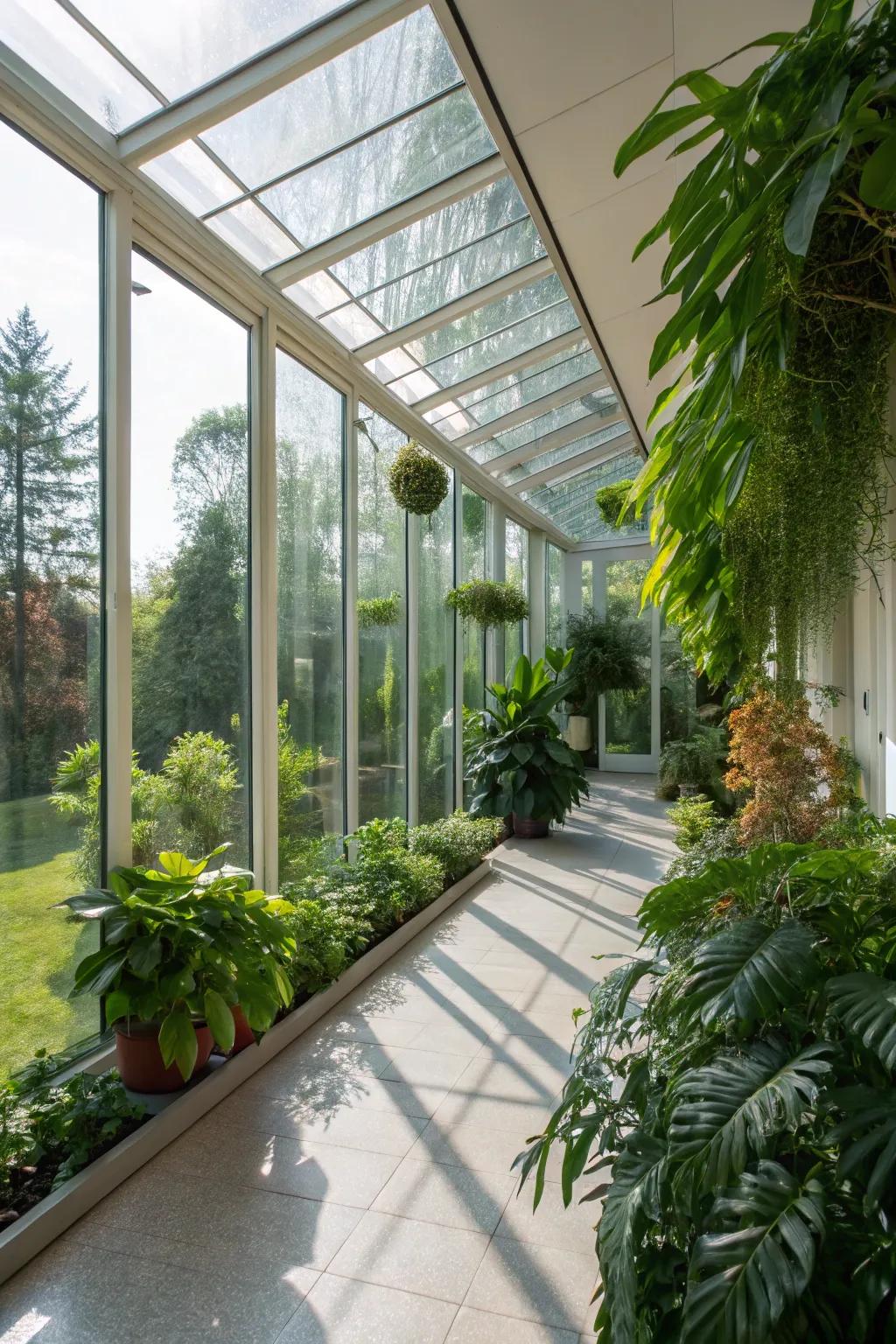 A tranquil green haven conceived within a glass-constructed enlargement.