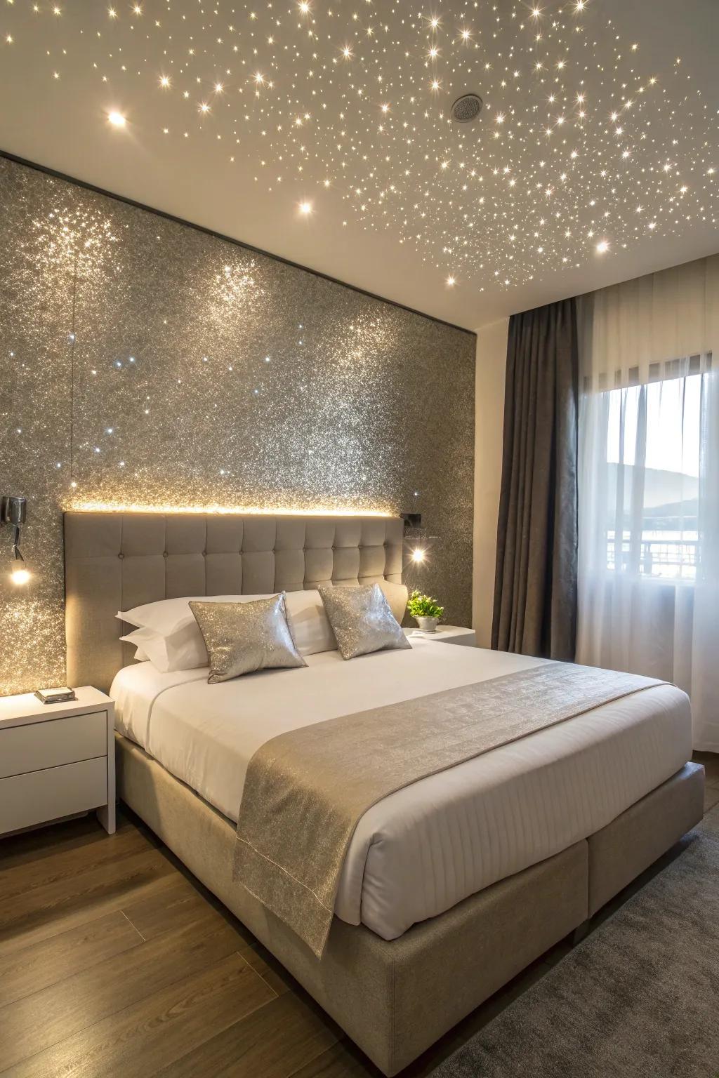 A <strong><em>glitter accent wall</em></strong> introduces a dreamy element to a bedroom.” loading=”lazy” class=”pimg”>
	</picture><figcaption>A <strong><em>glitter accent wall</em></strong> introduces a dreamy element to a bedroom.</figcaption></figure>
<p>Change your bedroom into a peaceful yet glamorous getaway with a <strong><em>glitter wall</em></strong> serving as a backdrop. I am particularly drawn to how its soft sparkle can imitate twinkling stars, making it an ideal setting for unwinding.</p>
<h3>Give these a look:</h3>
<ul class=