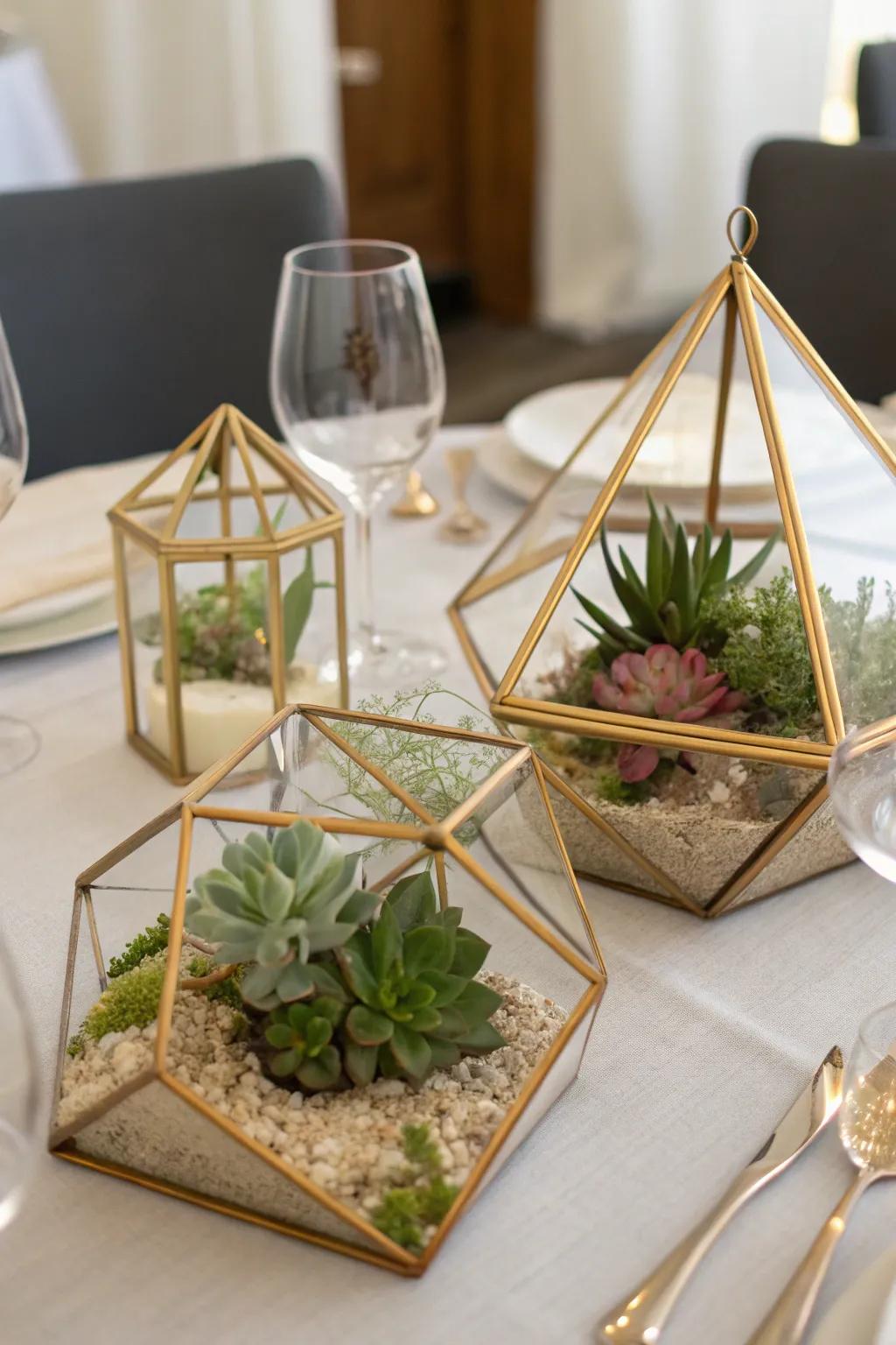 Stylish gilded enclosures presenting a modern interpretation of traditional centerpiece designs.