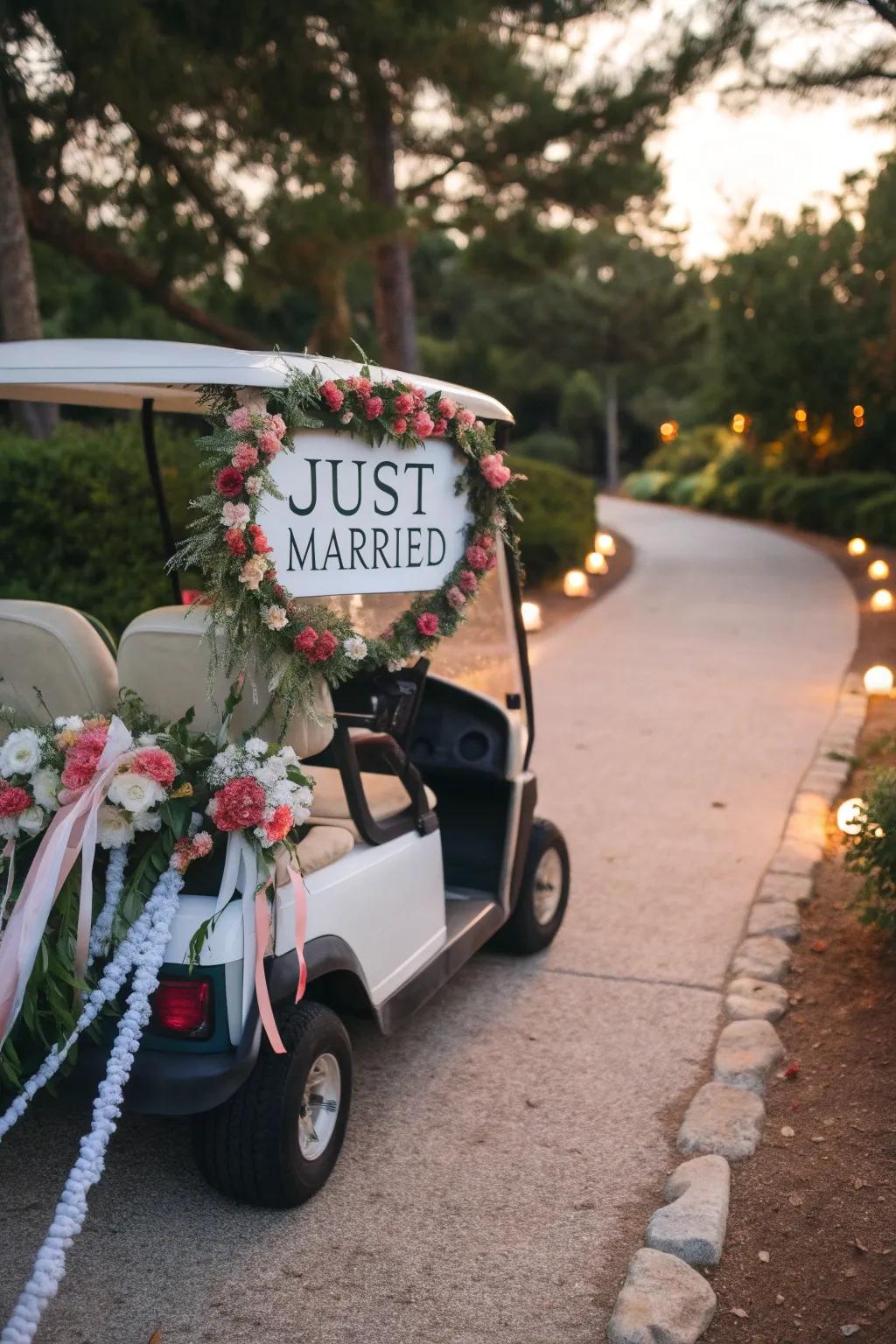 A wonderfully decorated sporty buggy readies for the newlyweds' grand exit.