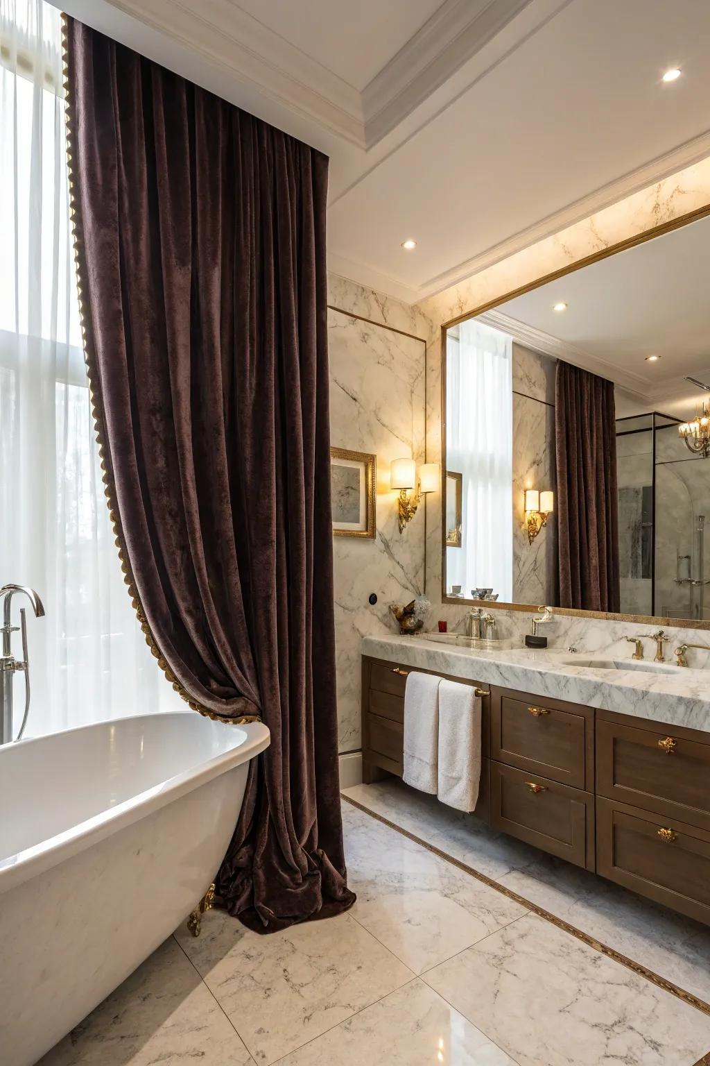 Silky fabrics and stone provide charm and richness to this gothic bathroom.