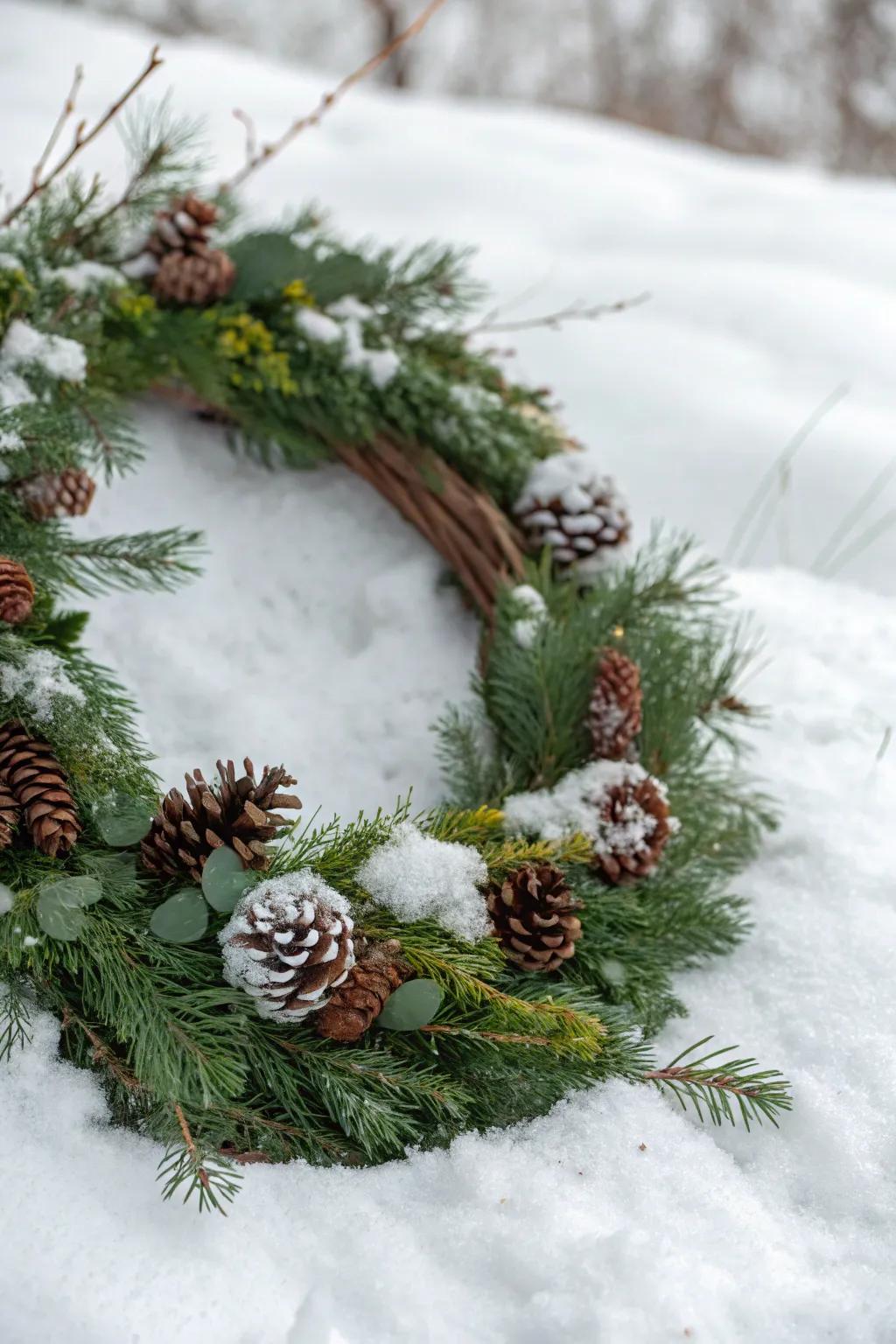 A natural fiber wreath with a winter theme, decorated with spruce and fir cones.