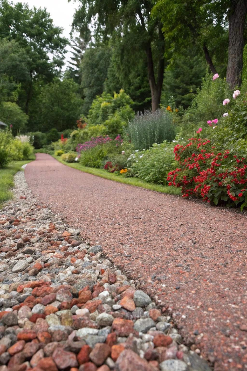A vibrant and colorful gravel mix provides a unique driveway appearance.