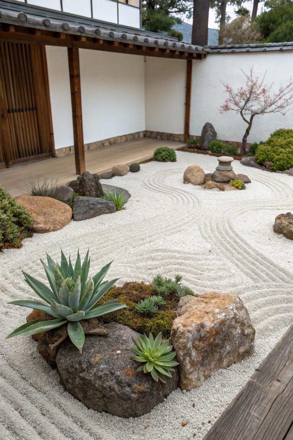 A peaceful stone garden featuring select succulents