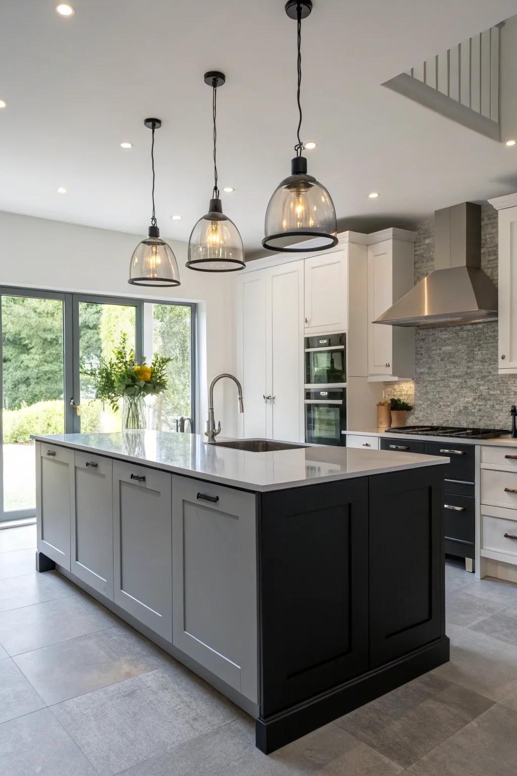 Pendant lighting elevates the kitchen's atmosphere.