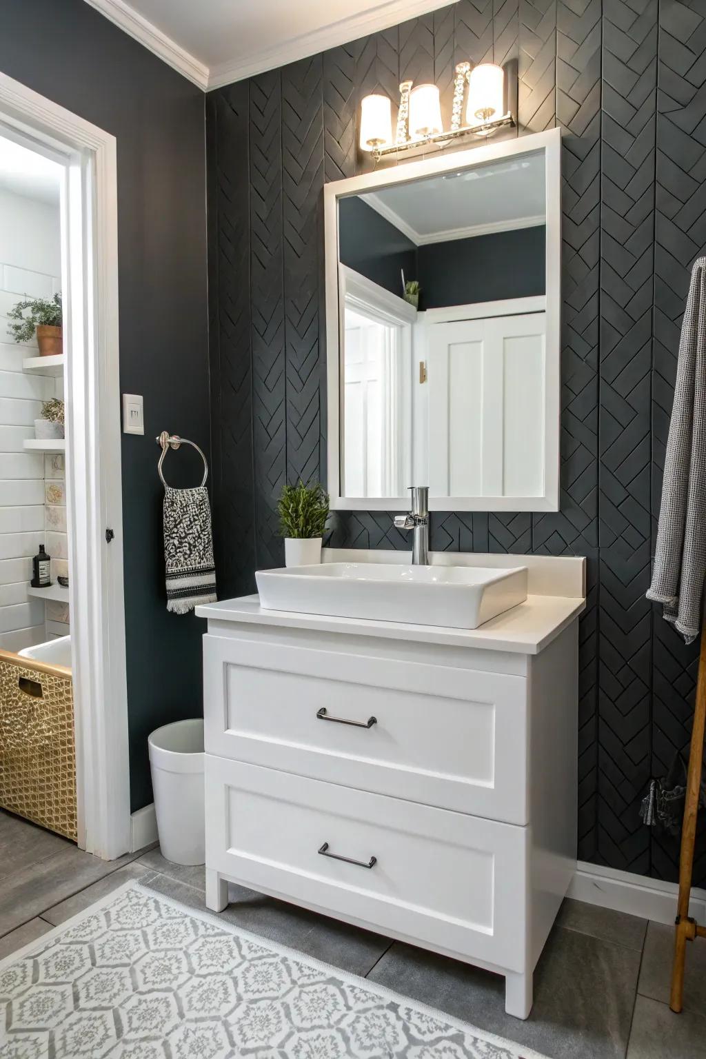 A deep gray statement wall infuses dimension into this radiant bathroom.