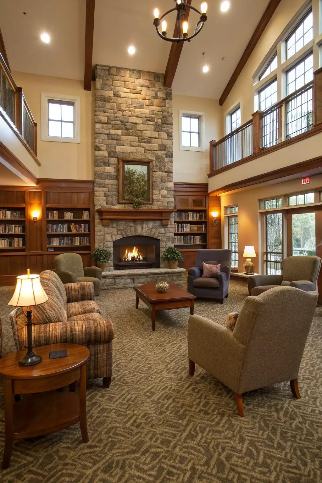 A hearth serves as the core of the great room.