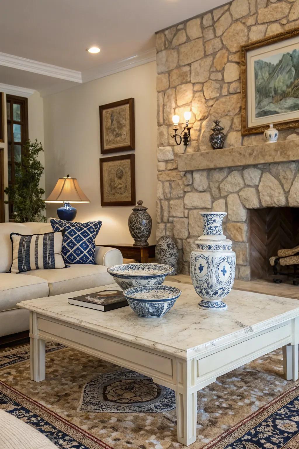 Raw stone features impart a dash of Hellenic flair to your dwelling.