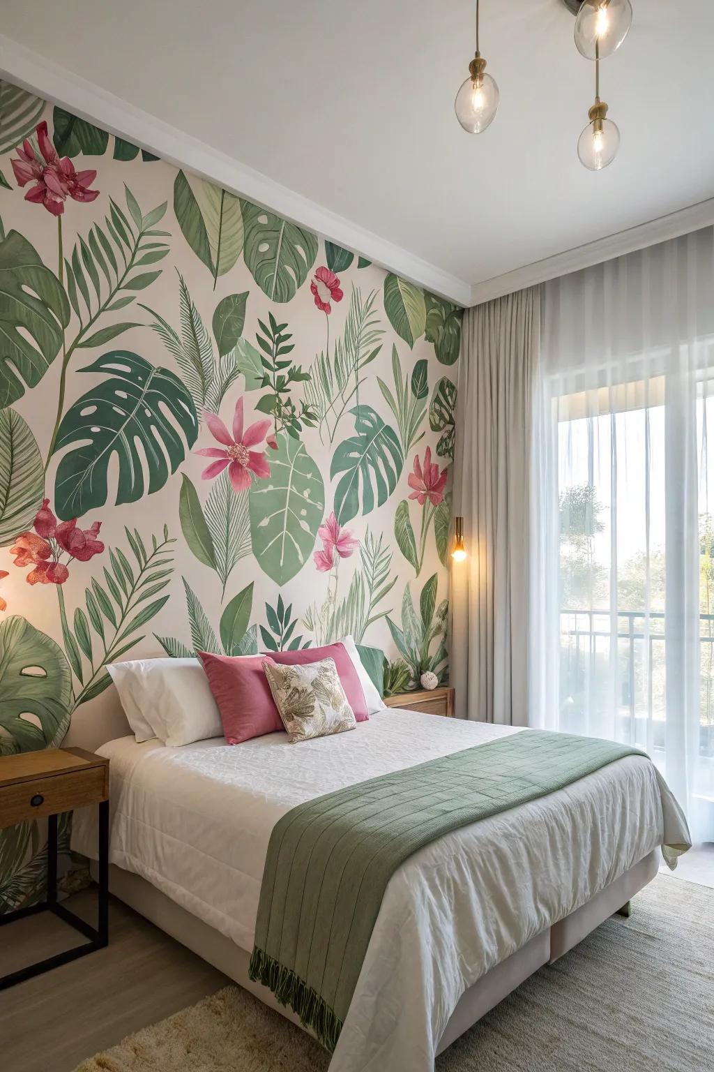 Botanical feature walls inject a vibrant, natural feel into your bedroom.