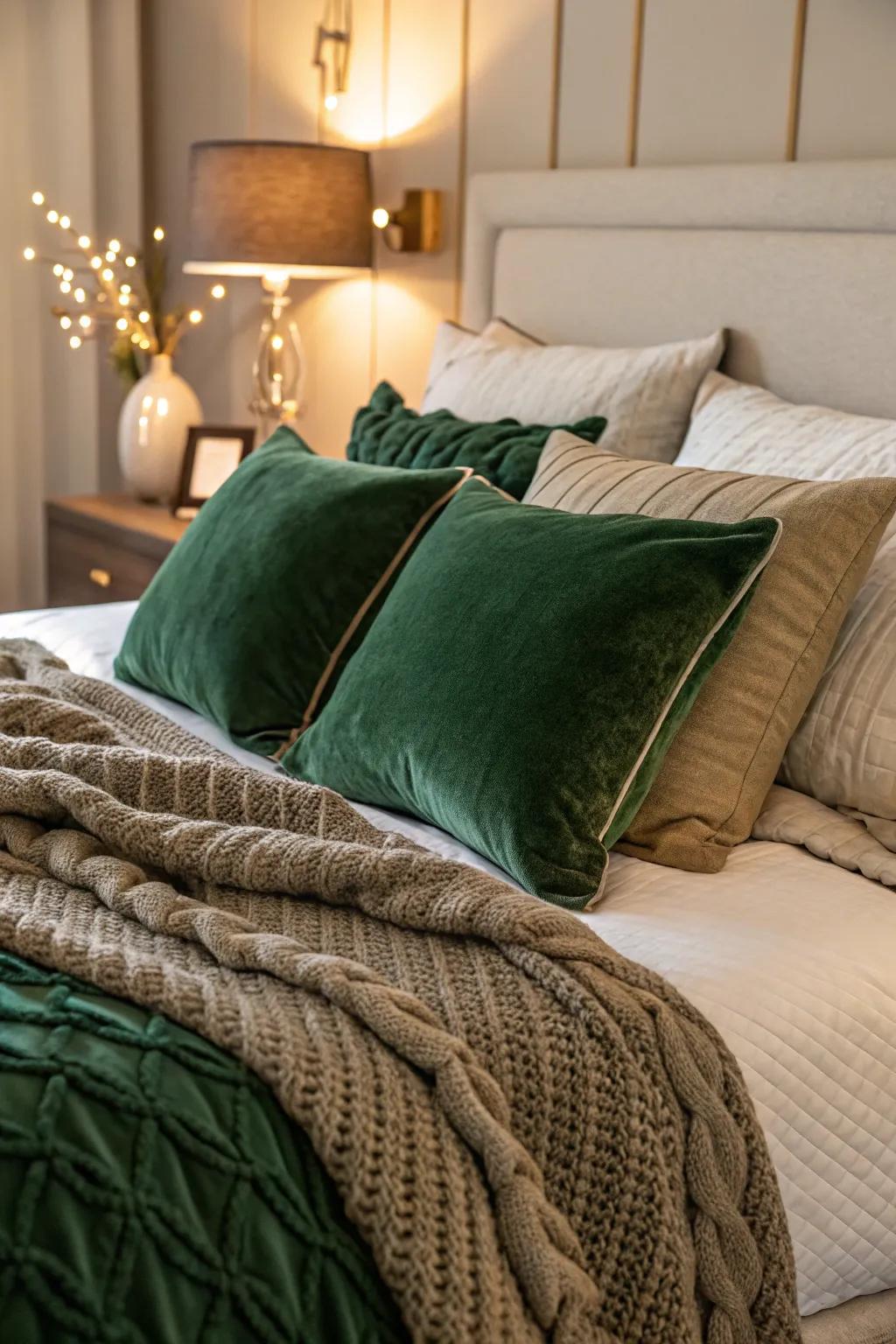 Lavish green fabrics introduce texture and warmth to this welcoming bedroom.