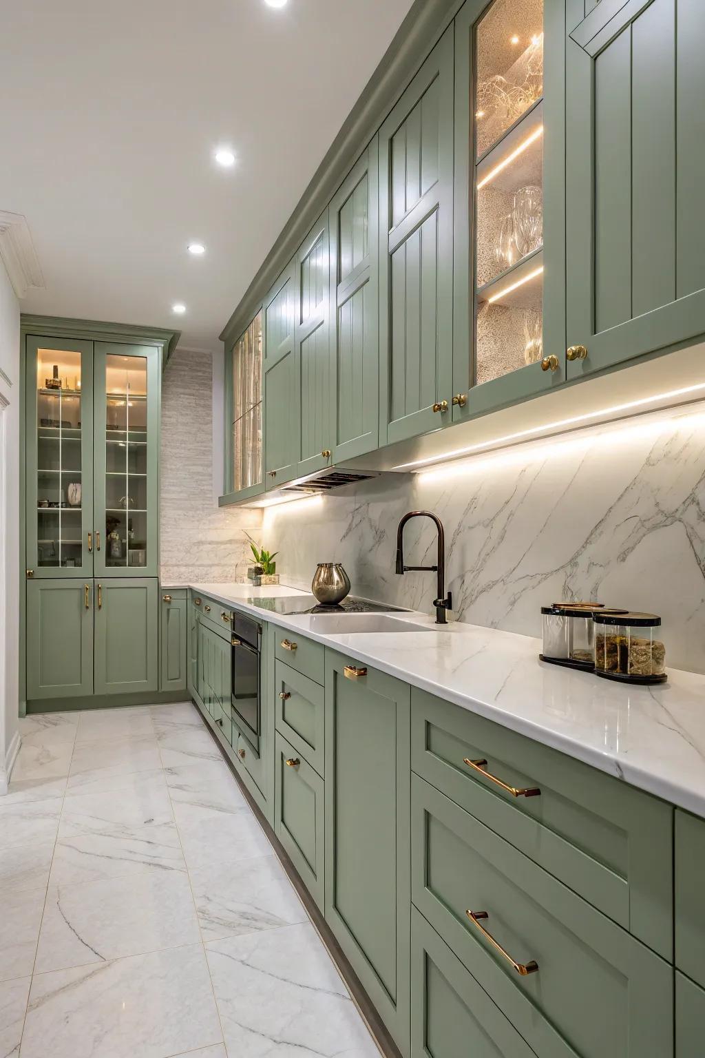 Peaceful kitchen featuring celadon cabinets and tranquil stone details.