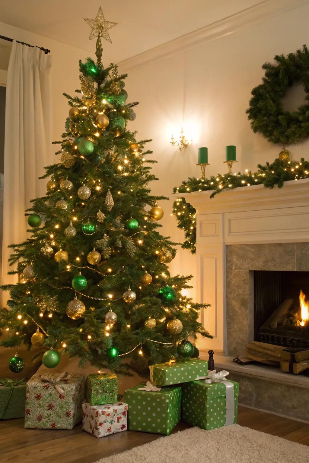 Green and gold ornaments creating a classic festive look.