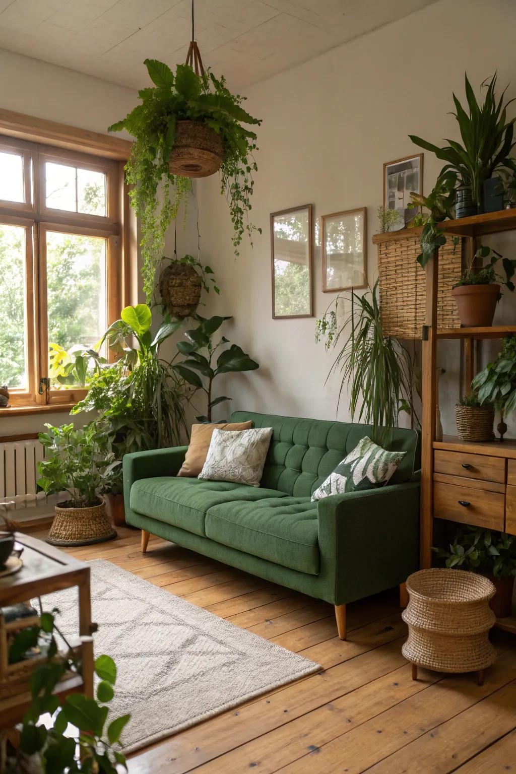 Organic elements such as verdure and timber harmonize with the emerald sofa, fashioning a serene refuge.