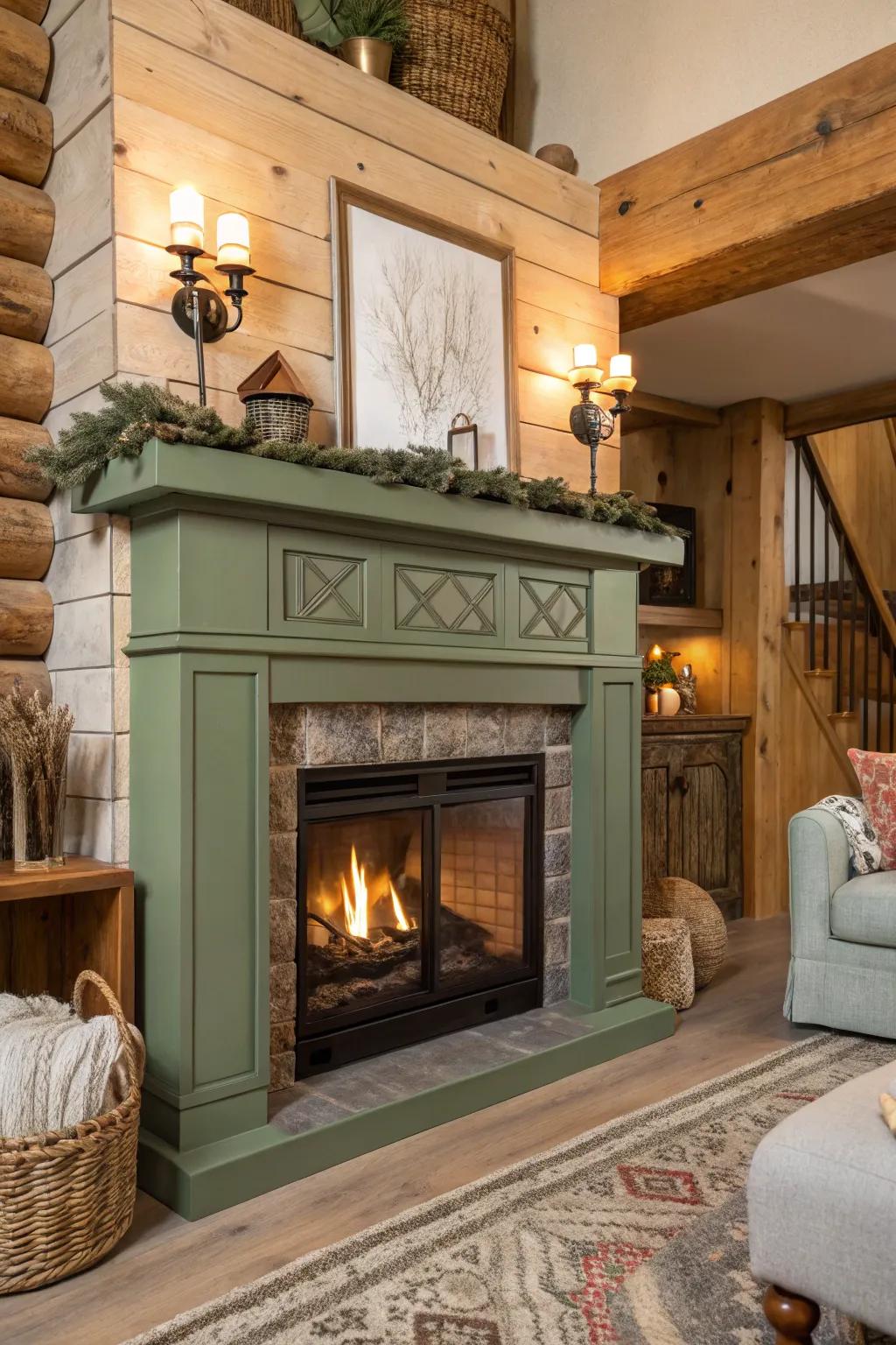 A fireplace showcasing a soothing sage green mantel complemented by natural wood accents.