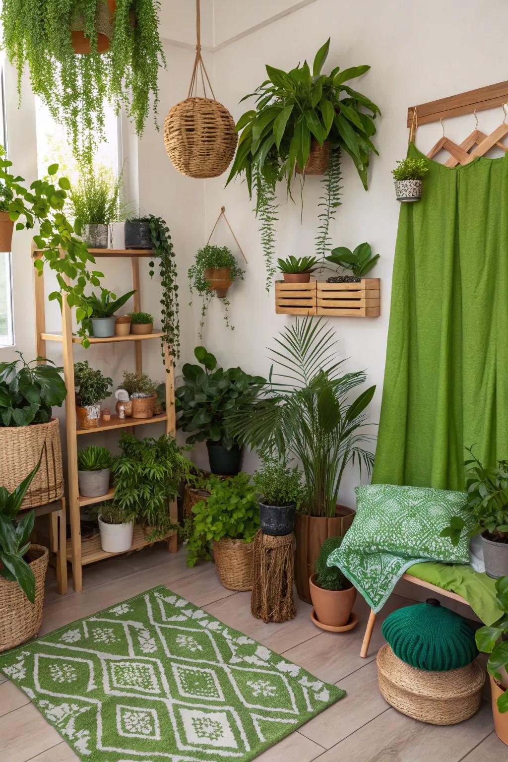 Indoor plants contribute to a rich, natural vibe.