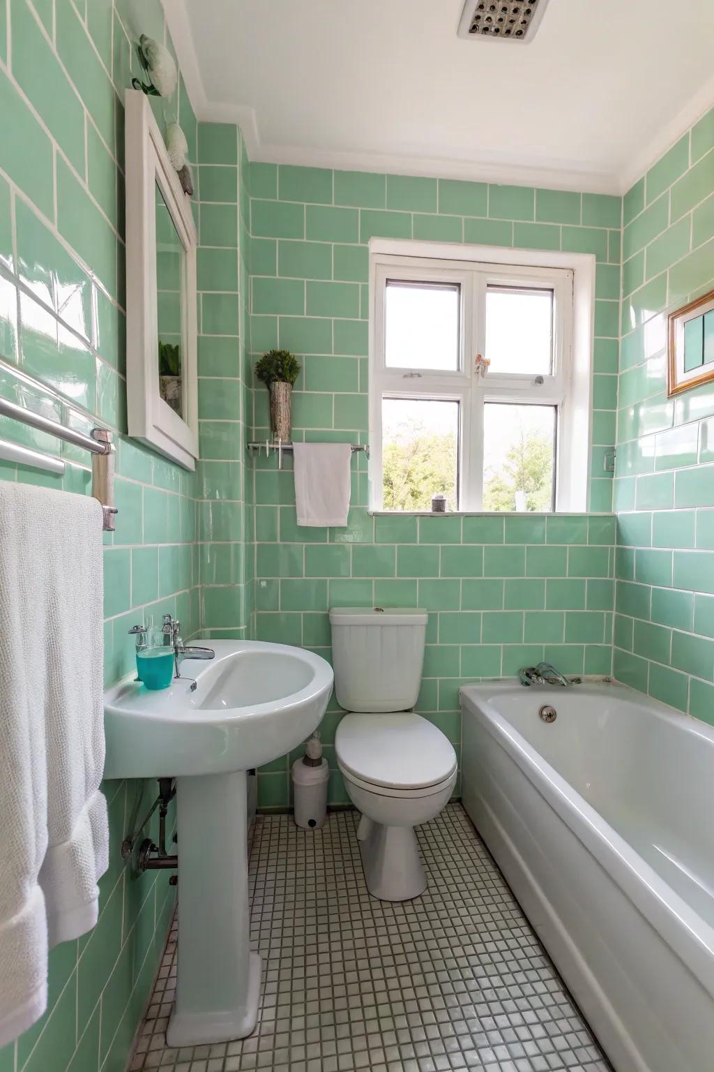 <strong><em>Mint green</em></strong> tiles give the impression of openness and freshness in smaller areas.” loading=”lazy” class=”pimg”>
	</picture><figcaption><strong><em>Mint green</em></strong> tiles give the impression of openness and freshness in smaller areas.</figcaption></figure>
<p><strong><em>Mint green</em></strong> tiles stand out as an excellent option for designing a refreshing and spacious ambiance, particularly in compact bathrooms. I’ve noticed they blend effortlessly with <strong><em>white</em></strong> details, giving a roomier and more welcoming impression.</p>
<h3>Maybe worth checking out:</h3>
<ul class=