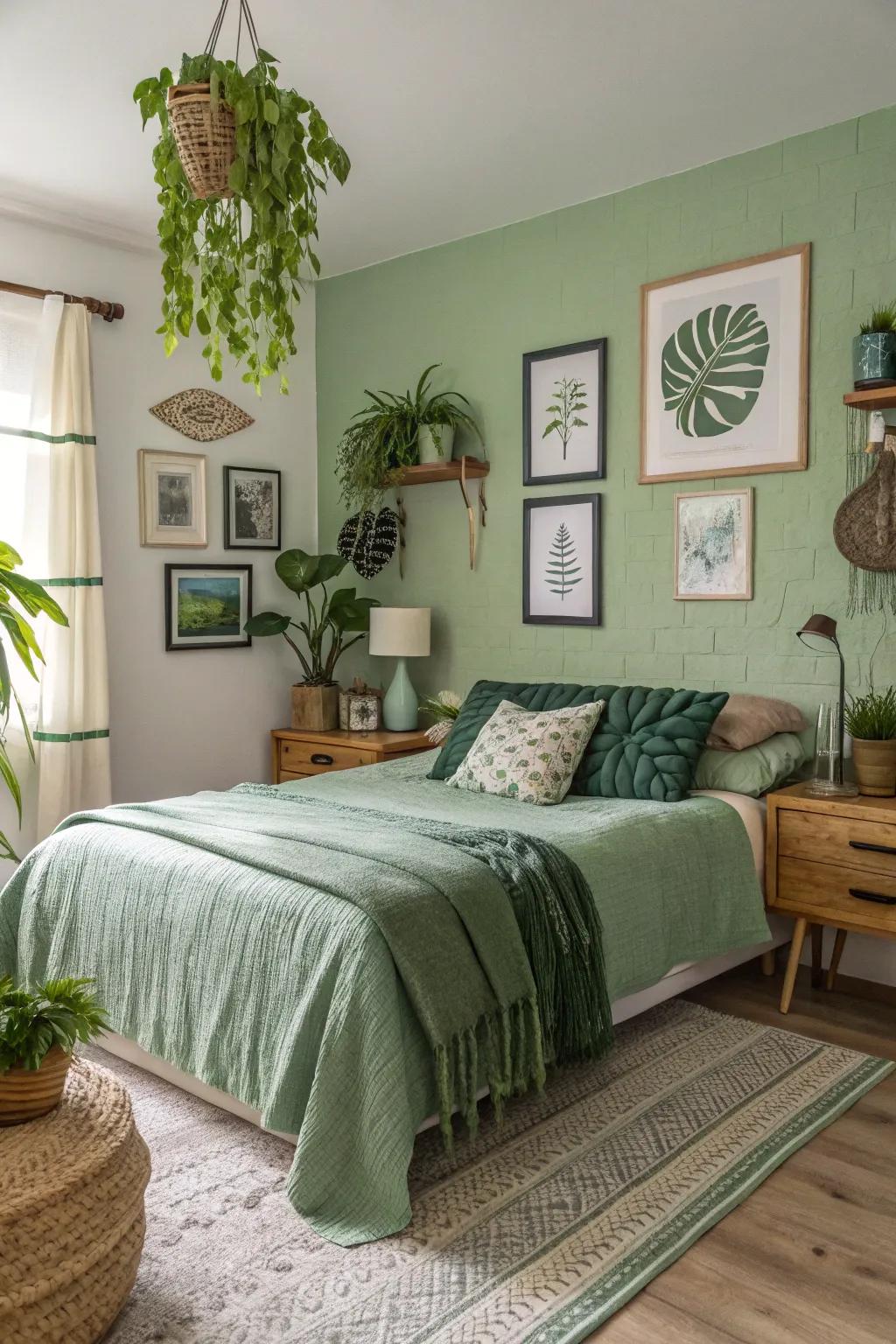 An elegant bedroom with layered green shades adding dimension.