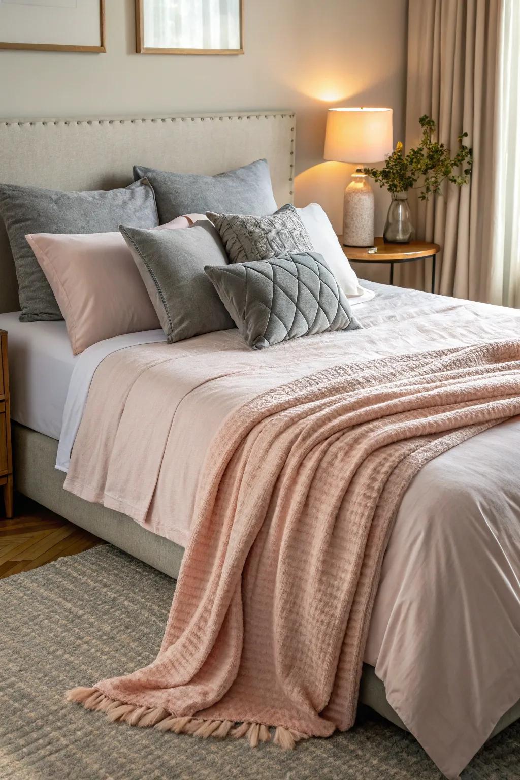 A blush pink throw over grey bedding adds a touch of elegance.