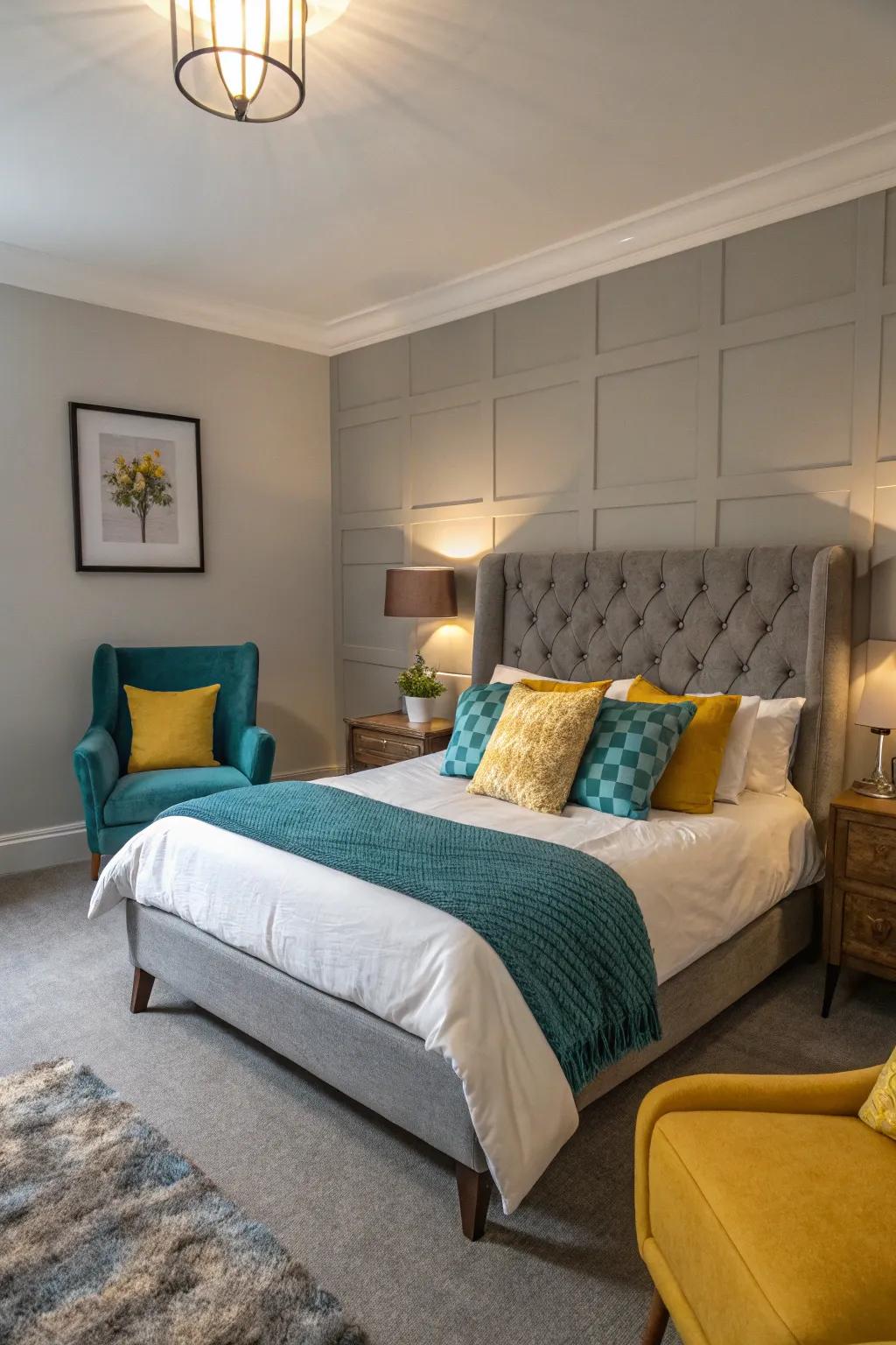 Highlights of vibrant color enrich a grey bedroom.