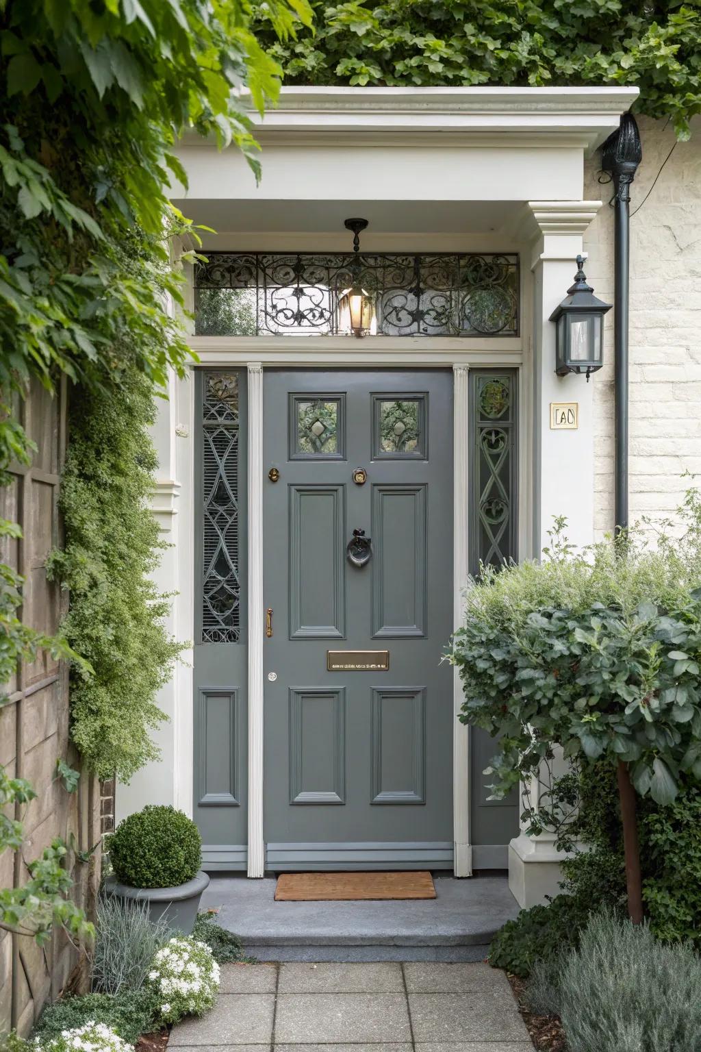 Classic detailing on a grey composite door imparts ageless sophistication.