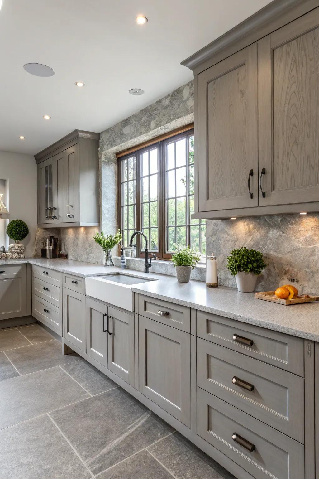 A cooking area spotlighting a spectrum of grey shades in its countertops.