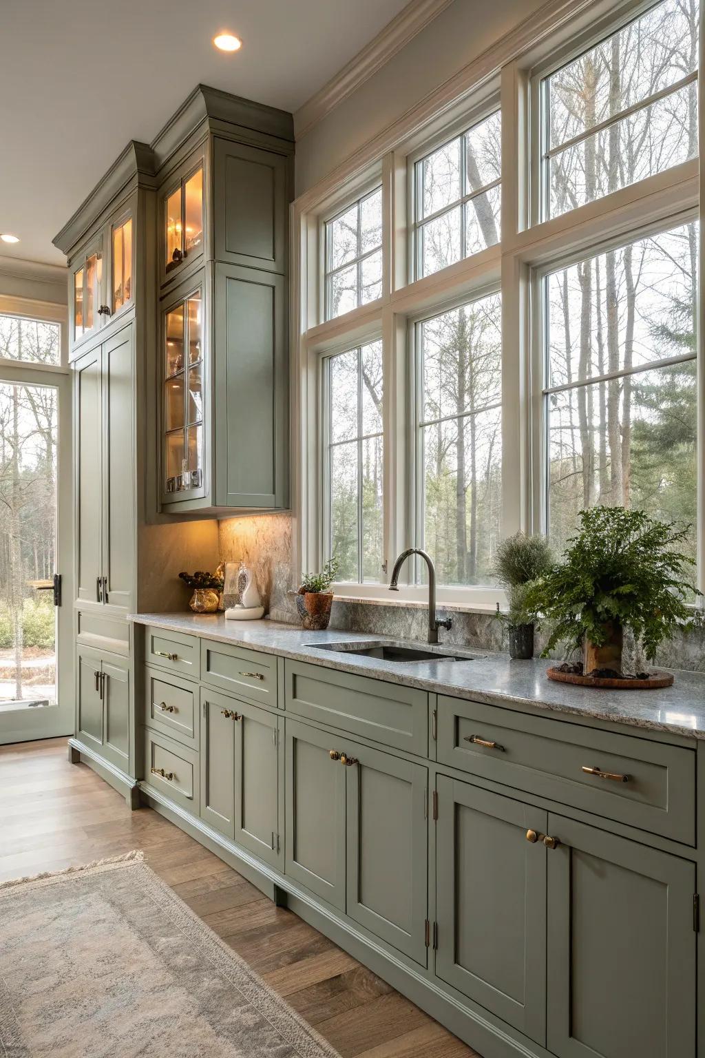 Sunlight highlighting grey-green cabinets in a bright kitchen.