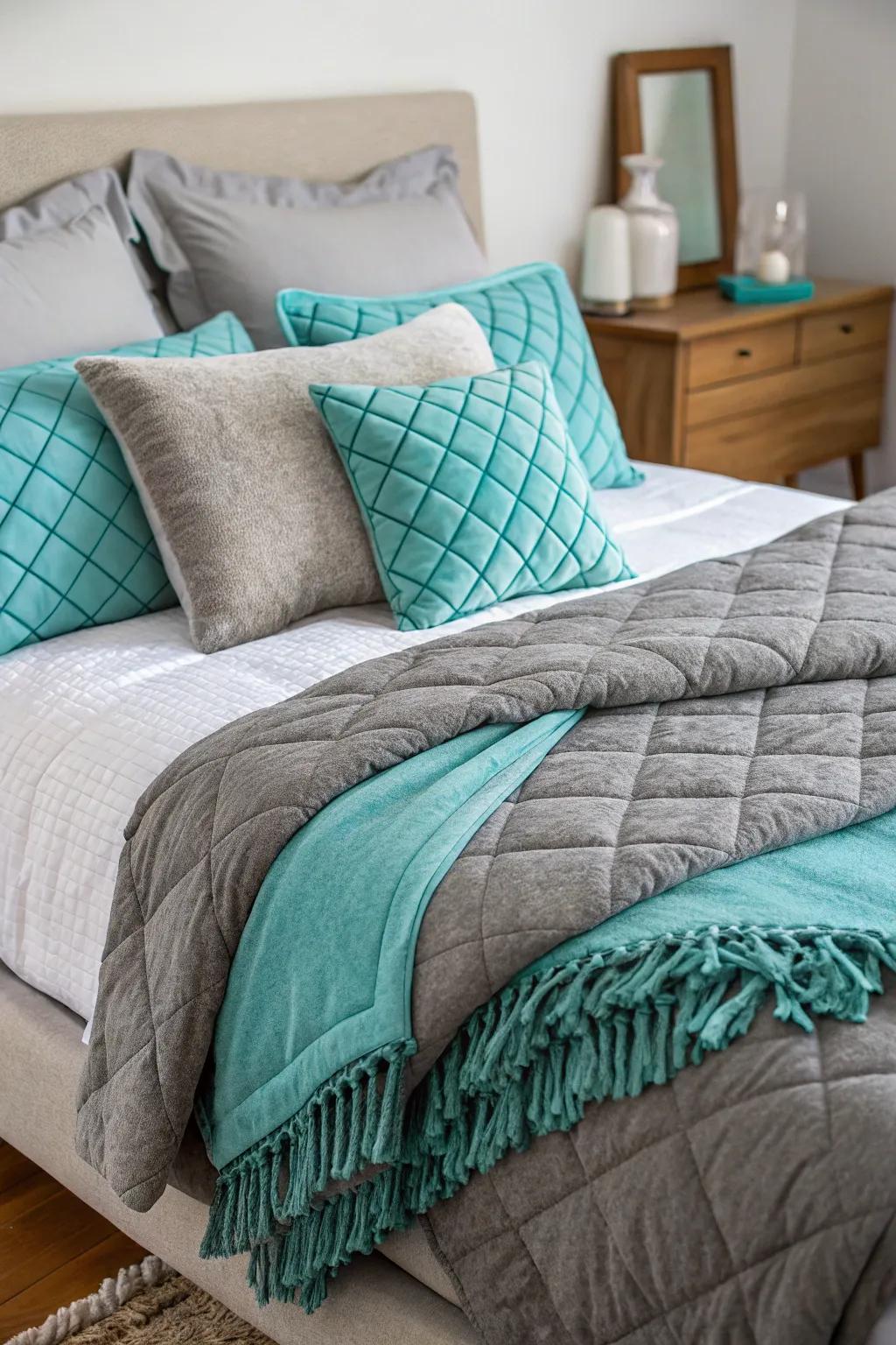 Layered bedding in grey and turquoise crafts a comfortable and inviting area.
