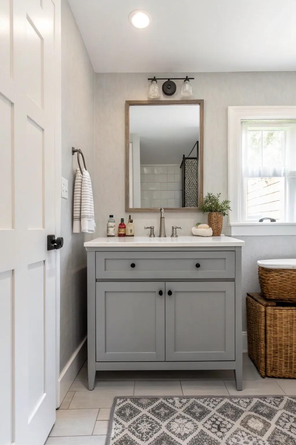 Cutting-edge minimalism radiates with a streamlined charcoal washstand as its core.