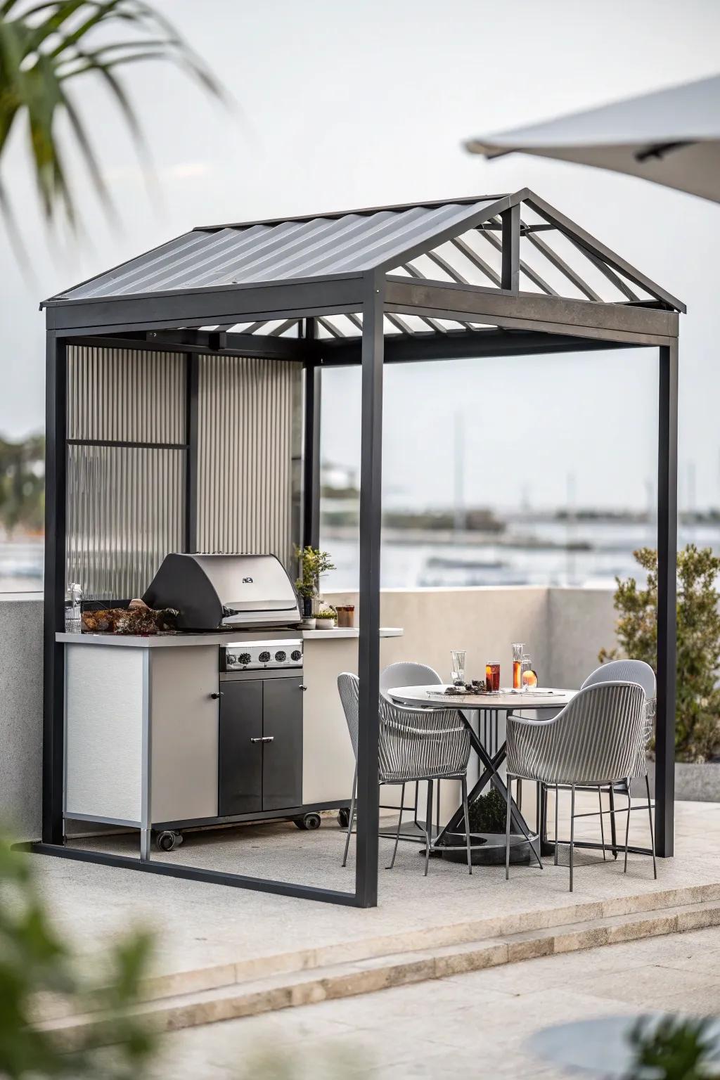 A minimalist barbecue shelter boasting a sleek and contemporary design.