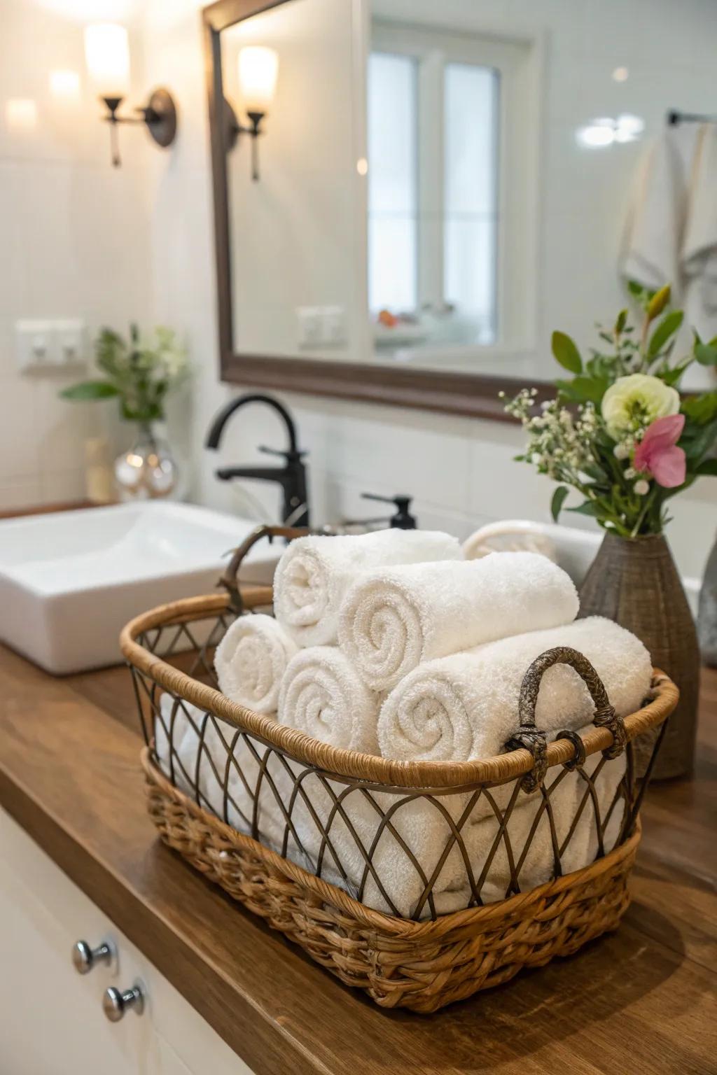 Rolled towels nestled in a basket for an added hint of refinement.
