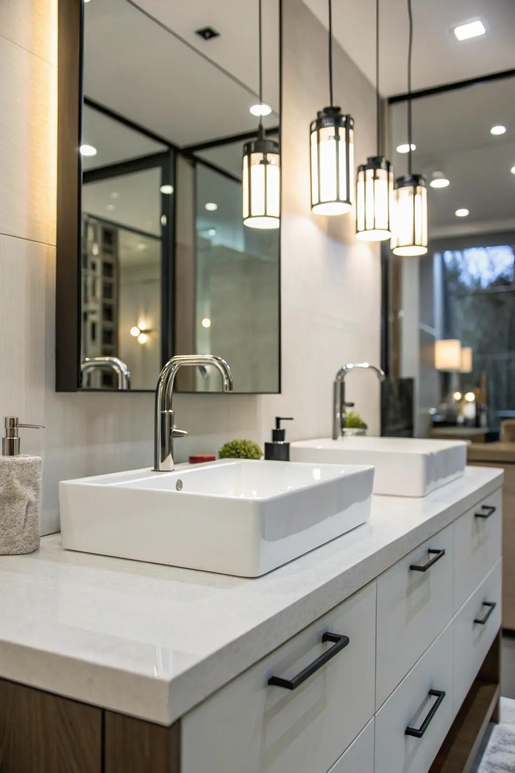 Elegant fixtures bring a contemporary feel to this fashionable guest bathroom.