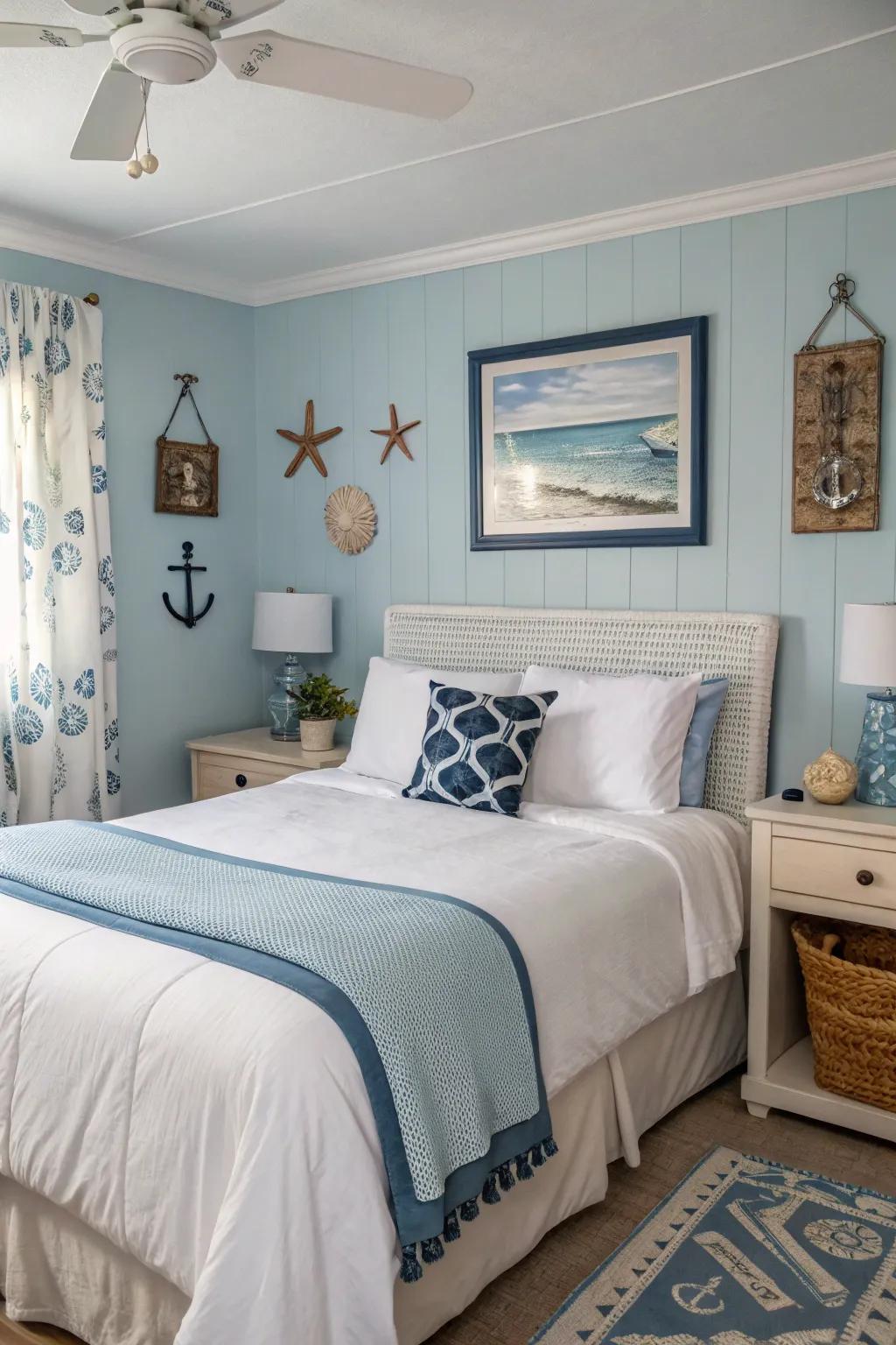 A serene guest room featuring soft blue walls for a peaceful ambiance.