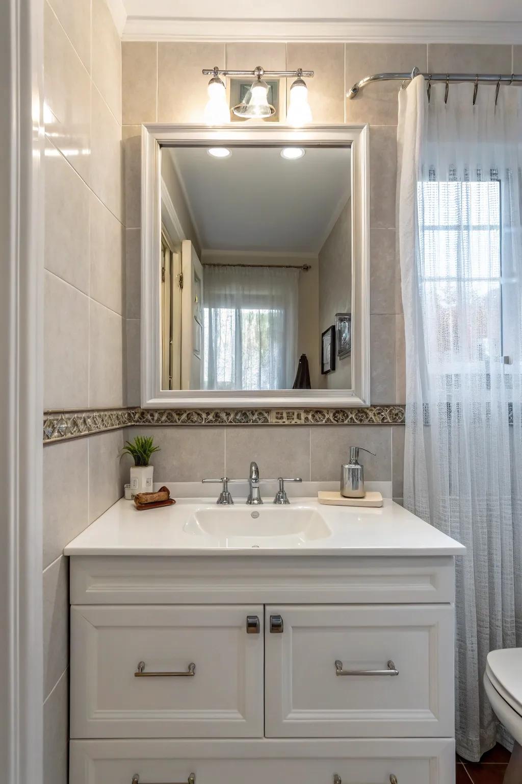 Implementing a large mirror can provide a more spacious feeling for your powder room.
